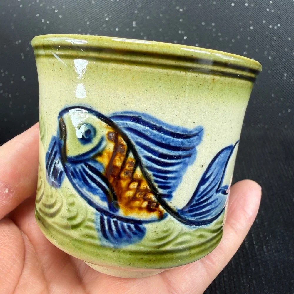 Tsuboya Ware Yachimun Japanese Pottery Fish Cups and Plates Set 6pc Okinawan